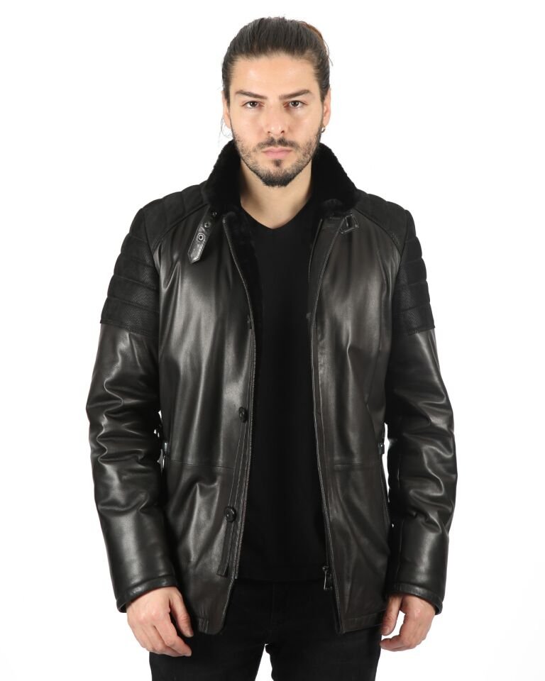 Michael Erkek Yün İçlikli  Jumbo Baskılı Kuzu Deri Kaban