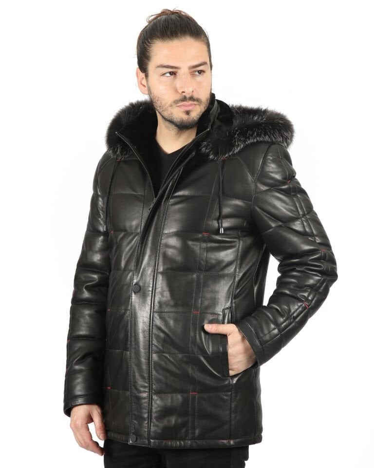 Gabriel Erkek Yün İçlikli  Jumbo Baskılı Kuzu Deri Kaban