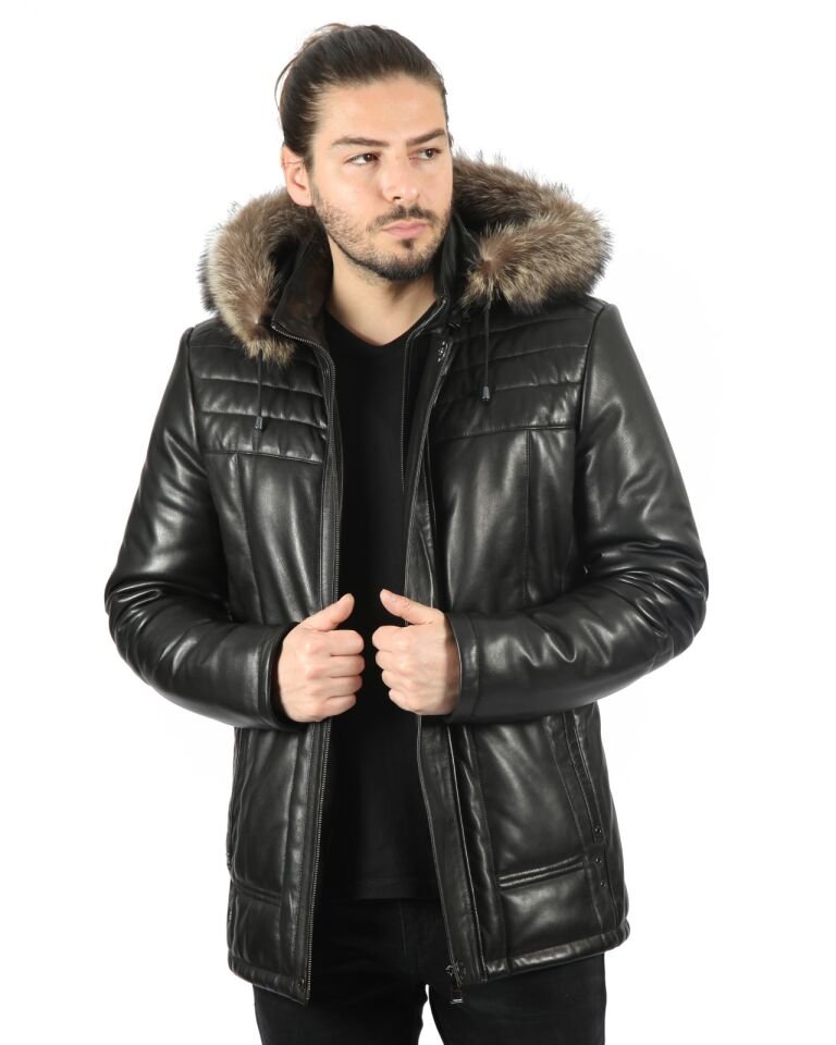 Argenis Erkek Yün İçlikli Jumbo Baskılı Kuzu Deri Kaban