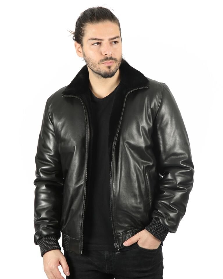 Jasiel Erkek Yün İçlikli  Jumbo Baskılı Kuzu Deri Mont