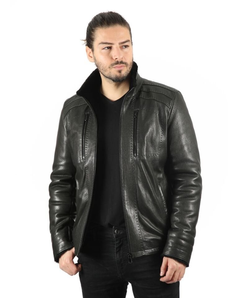 Alejan Erkek Yün İçlikli  Jumbo Baskılı Kuzu Deri Mont