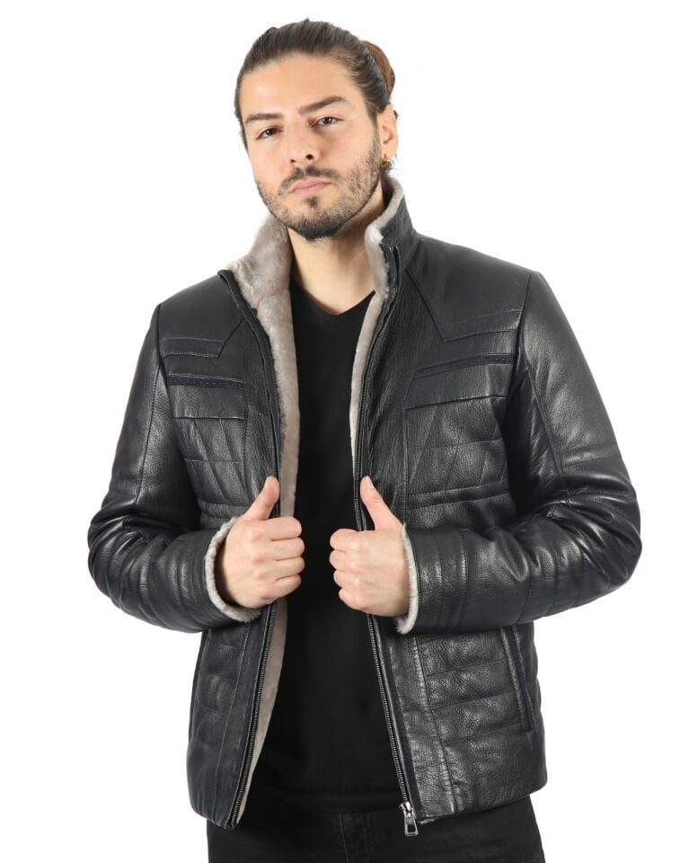Mizraim Erkek Yün İçlikli  Jumbo Baskılı Kuzu Deri Mont