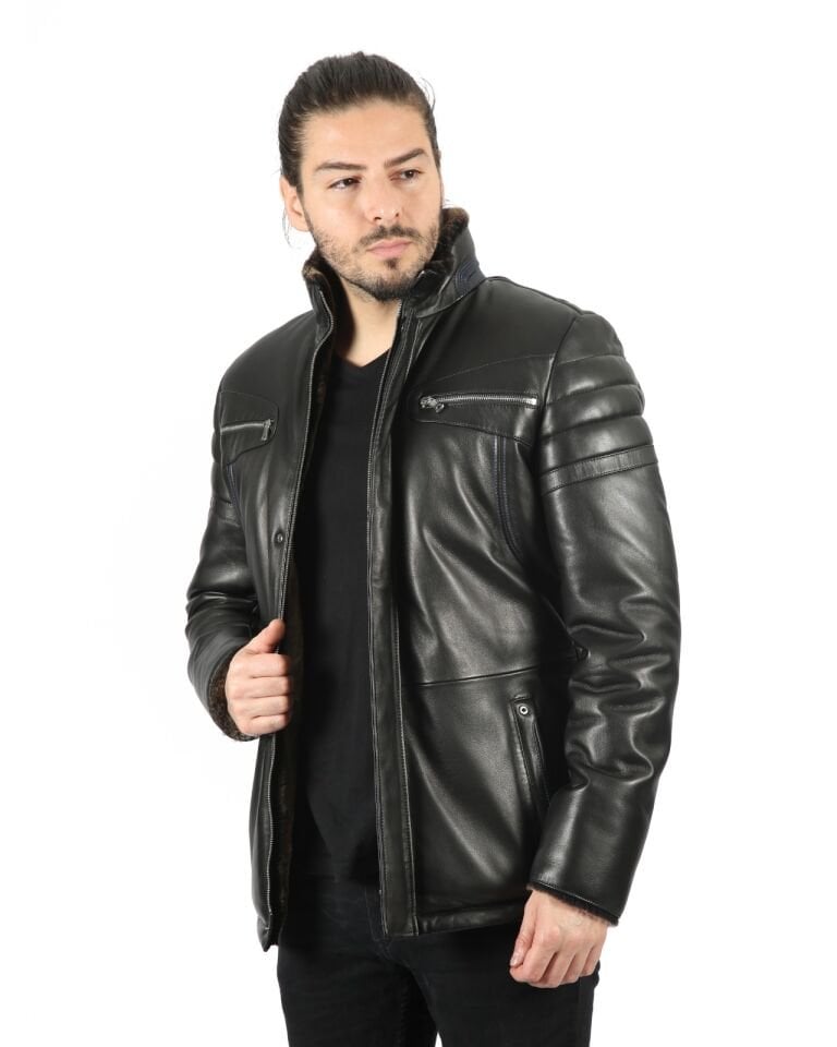 Giovanny Erkek Yün İçlikli  Jumbo Baskılı Kuzu Deri Kaban