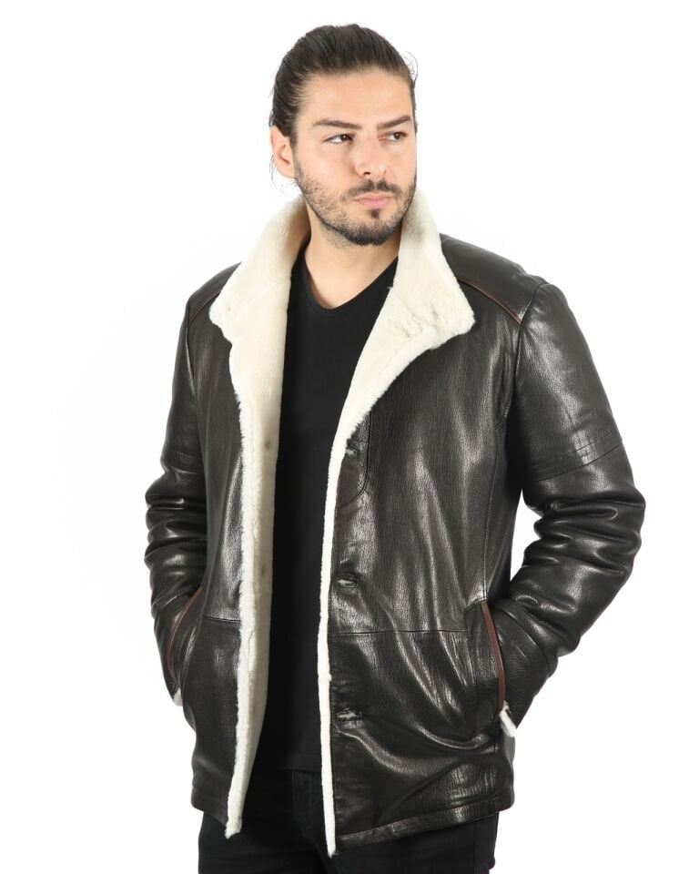 Kenji Erkek Yün İçlikli  Jumbo Baskılı Kuzu Deri Kaban